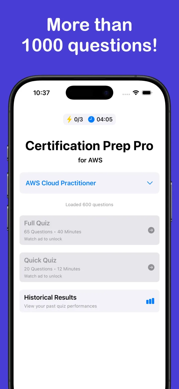 Certification Prep Pro on iPhone, showing the exam practice home screen.